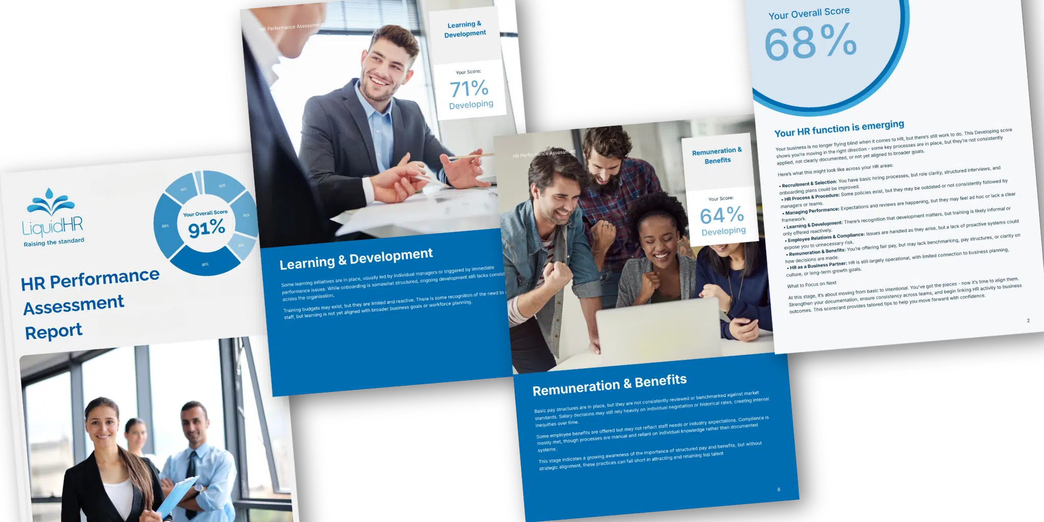HR performance assessment quiz promotional banner with report preview and business team images