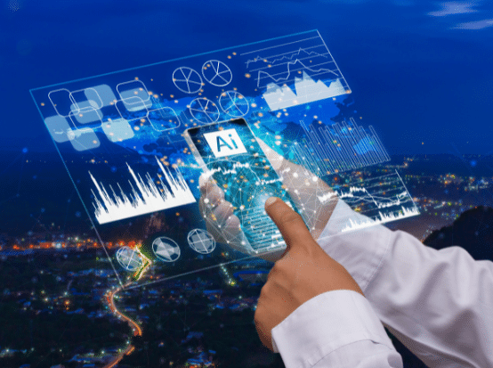 Hand interacting with virtual AI interface over a cityscape, symbolising the integration of technology, flexibility, and innovation in the future of work.