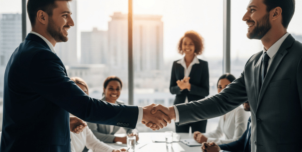 New employee shaking hands with manager during onboarding in Australian workplace