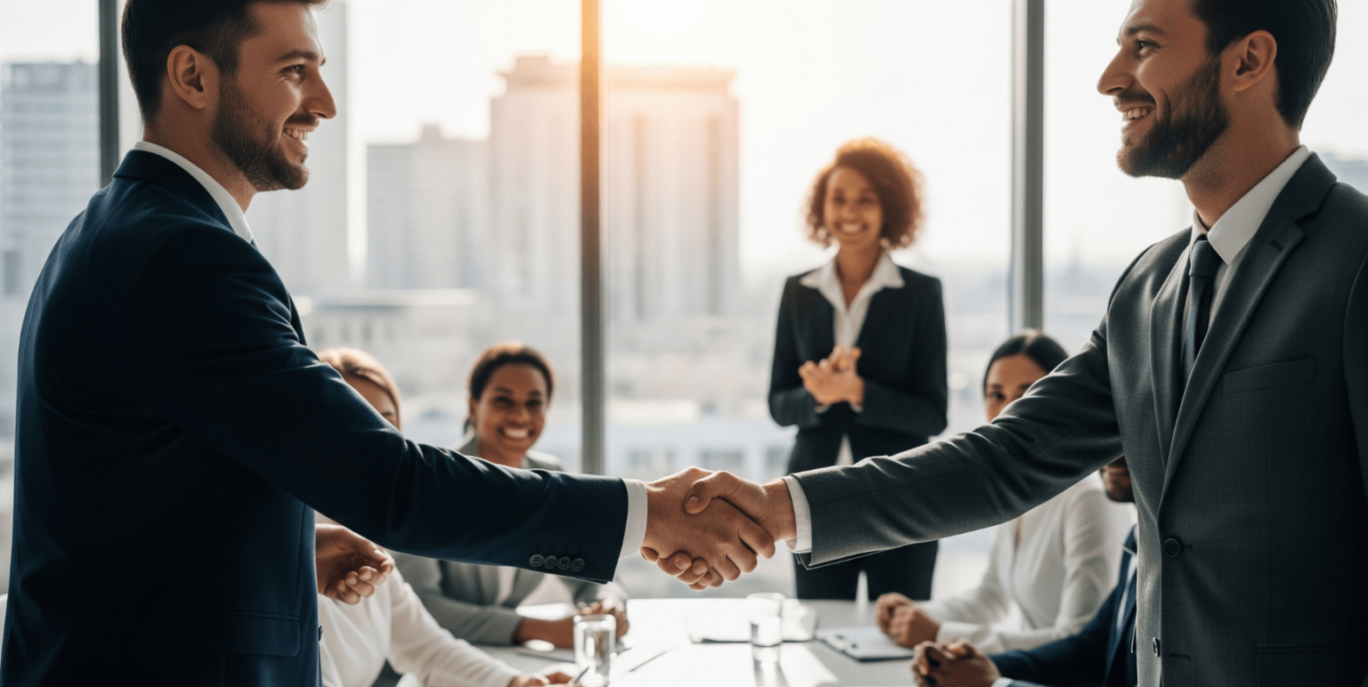 New employee shaking hands with manager during onboarding in Australian workplace
