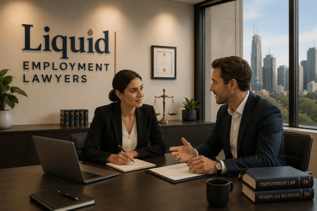 Employment lawyer meeting with a client in the Liquid Employment Lawyers office in Australia.