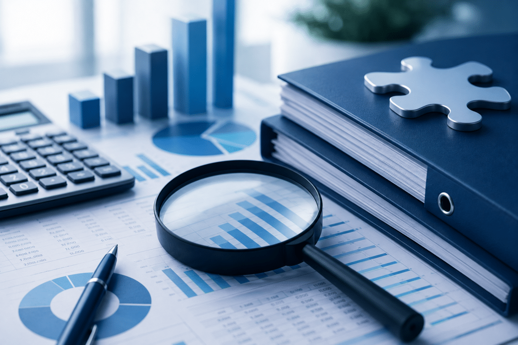 Professional compliance and payroll audit workspace featuring financial reports, magnifying glass, calculator and business documents representing wage reviews, employment compliance and payroll readiness.