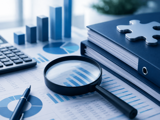 Professional compliance and payroll audit workspace featuring financial reports, magnifying glass, calculator and business documents representing wage reviews, employment compliance and payroll readiness.