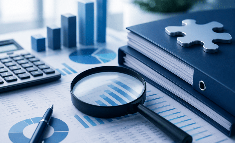 Professional compliance and payroll audit workspace featuring financial reports, magnifying glass, calculator and business documents representing wage reviews, employment compliance and payroll readiness.