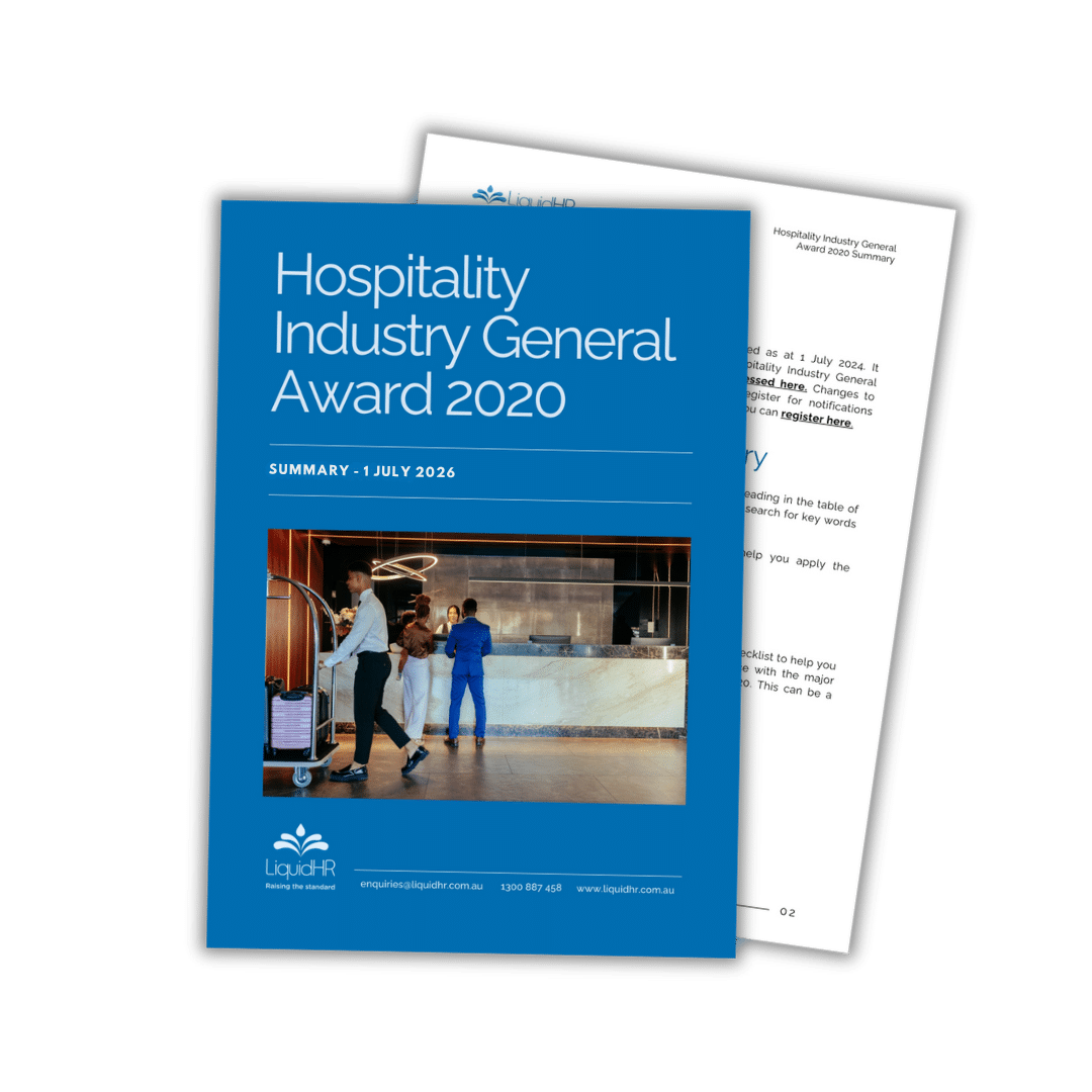 Hospitality Industry (General) Award 2026 employer guide cover by LiquidHR