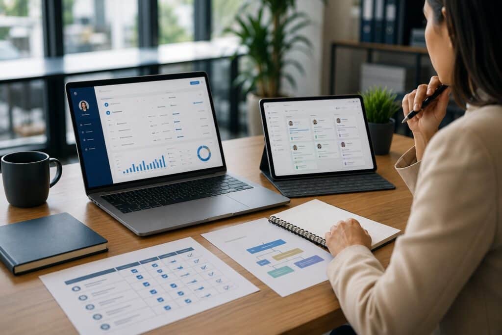 Professional reviewing HRIS software options on a laptop and tablet to evaluate HR technology for business operations.