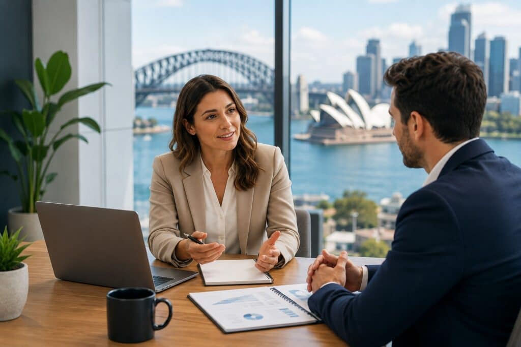 HR consultants meeting with a business leader in a modern Sydney office to discuss workplace compliance and strategic HR planning.