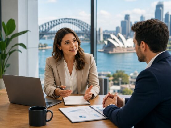 HR consultants meeting with a business leader in a modern Sydney office to discuss workplace compliance and strategic HR planning.