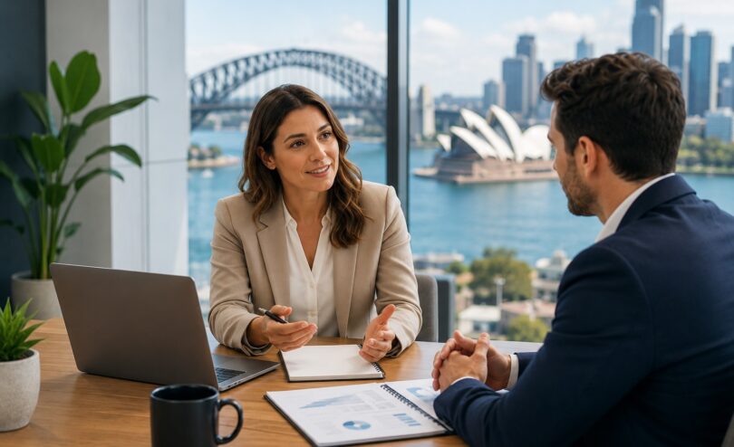 HR consultants meeting with a business leader in a modern Sydney office to discuss workplace compliance and strategic HR planning.