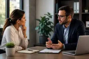 HR manager meeting with an employee to discuss a workplace complaint as part of a workplace investigation process in an Australian office.