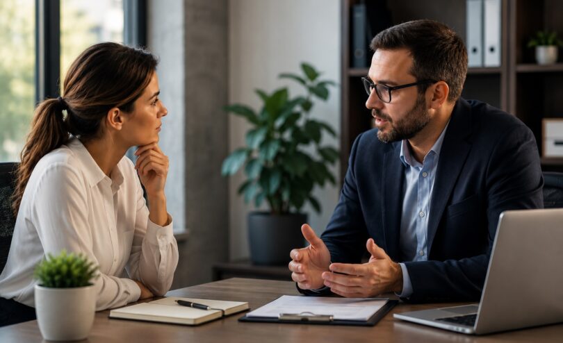 HR manager meeting with an employee to discuss a workplace complaint as part of a workplace investigation process in an Australian office.