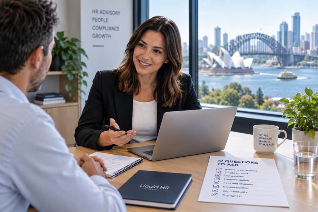 HR consultant meeting with a business client in a Sydney office, discussing HR consulting services with the Sydney skyline visible in the background.