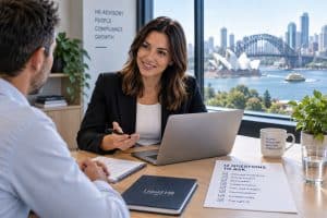 HR consultant meeting with a business client in a Sydney office, discussing HR consulting services with the Sydney skyline visible in the background.