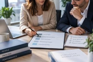 HR consultant and business professional reviewing HR consulting deliverables, project scope and outcomes during a meeting.