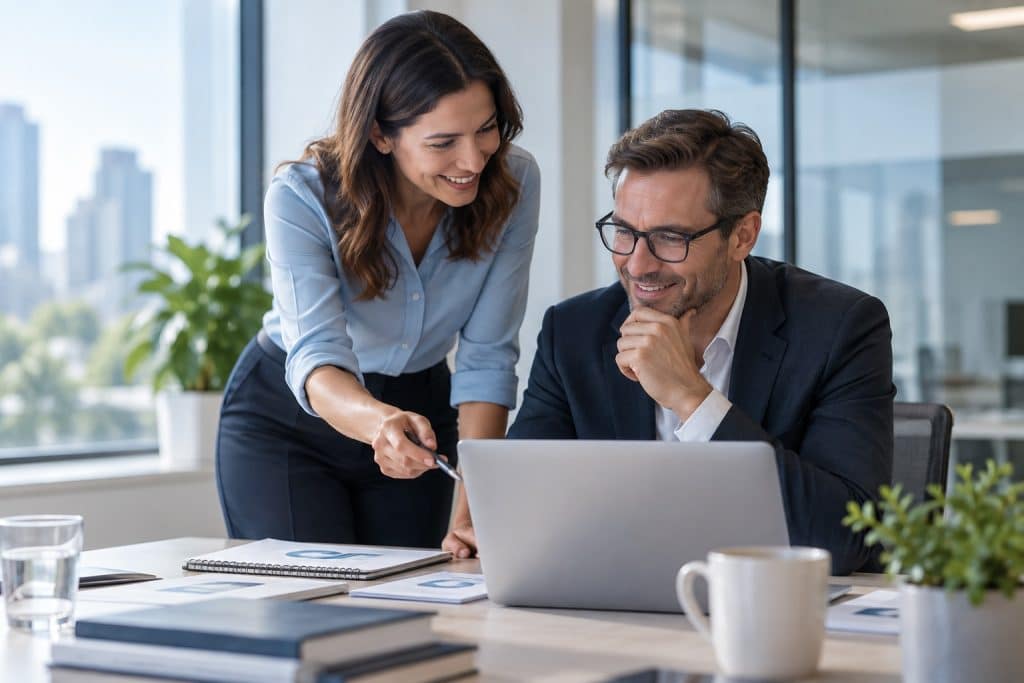 HR manager and external HR consultant collaborating on a laptop in a modern office, representing outsourced HR support for an in-house HR team.